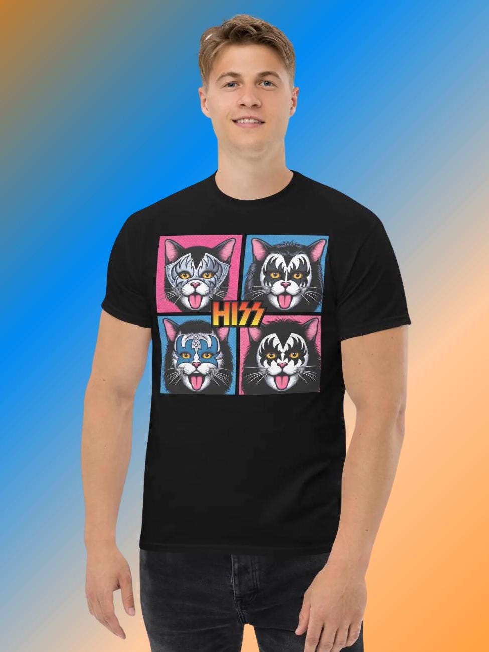 Cat Hiss Rock 'n' Roll Unisex Tee – A playful twist on classic rock, with cats replacing the KISS band members for a purrfectly wild style!