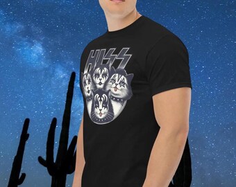 Cat Hiss Rock &#39;n&#39; Roll Unisex Tee – A playful twist on classic rock, with cats replacing the KISS band members for a purrfectly wild style!