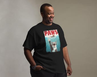 Paws Unisex Tee – A humorous twist with a cat reaching for a mouse in a Jaws-inspired design, blending feline fun with movie magic!