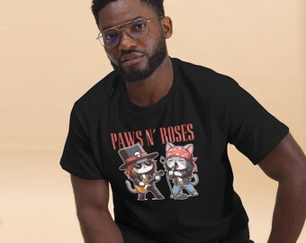 Paws N&#39; Roses Unisex Tee – A perfect blend of Rock n Roll love and Feline Humor, this tee is a must-have for cat lovers and Rock fans!