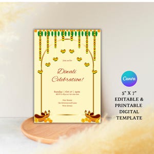 Invitation de fête de célébration de Diwali modifiable imprimable, Evite d'invité de Marigold Toran, Invitation RSVP de guirlande de bonne énergie florale de 5 x 7, carte de fête