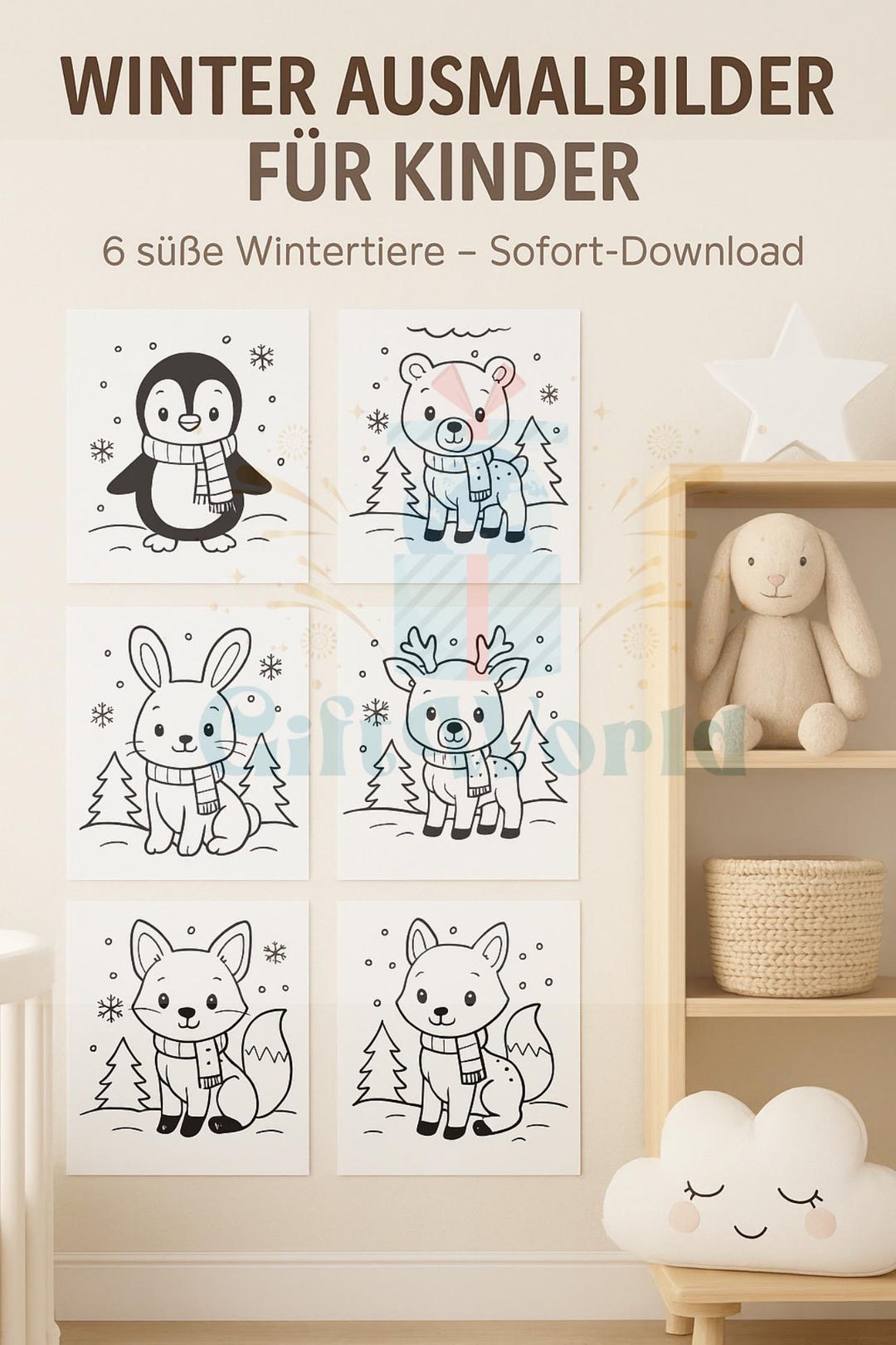 Winter Ausmalbilder für Kinder • 6 süße Wintertiere • PDF Sofort