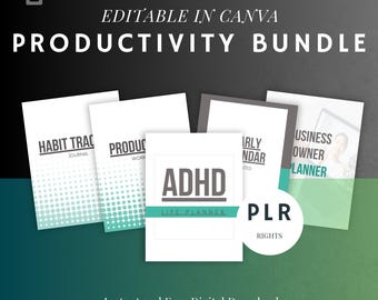 May include: A set of five printable productivity planner templates, including a habit tracker, work productivity planner, ADHD life planner, early bird calendar, and business owner planner. The templates are editable in Canva and come with PLR rights. The image shows the covers of the planners, which are white with black text and a teal and white polka dot pattern.
