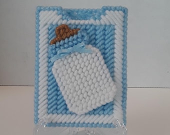 New Baby Bottle Gift Card Money Holder Handmade Plastic Canvas Blue and White