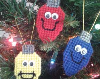 Christmas Tree Light Bulbs Set Of 3 Ornaments With Face Handmade Plastic Canvas Decoration