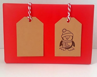 12 Hand Stamped Penguin Holiday Hand Punched Kraft Gift Tags with Red & White Twine for Favors Packages Labels Scrapbooking Place Settings