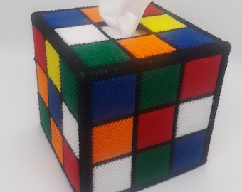 Rubiks Rubix Cube Unsolved Tissue Box Cover Handmade Plastic Canvas