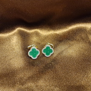 Green CZ Shamrock Stud Earrings in Sterling Silver, Clover Earrings, Irish Earrings, Silver or Gold Flower Earrings Gold Clover Earrings,