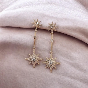 gold star dangle earrings, celestial jewelry, elegant drop earrings, sparkly crystal earrings