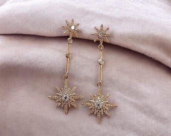 Gold Plated Sterling Silver Sun Starburst Dangle Earrings