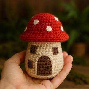 Op de afbeelding: Een gehaakt paddenstoelhuisje met een rode kap met witte stippen. Het huisje heeft een beige lichaam met een bruine deur en ramen. Dit grillige item is ideaal voor woondecoratie of als uniek cadeau.