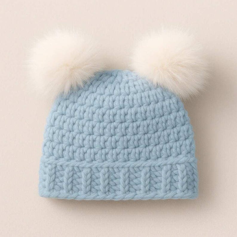 Cuddle Pom Beanie Crochet Pattern PDF – Baby Hat With Double Pom Poms ...
