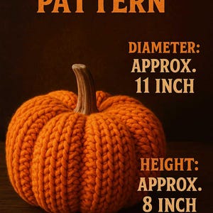 Op de afbeelding: Een oranje vingergehaakte pompoen met een bruine steel. De pompoen heeft een diameter van ongeveer 28 cm en een hoogte van ongeveer 20 cm. De tekst "FINGER CROCHET PATTERN" staat bovenaan.