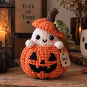 Op de afbeelding: Een gehaakt spookfiguurtje dat uit een feloranje pompoen met een gezichtje kijkt. Het spookje heeft zwarte ogen, een kleine glimlach en roze wangen. De pompoen heeft een zwart vilt gezicht en een houten label met de tekst Boo! en een hartje.