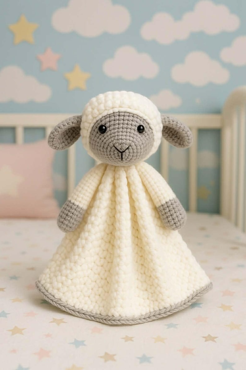 May include: A handmade crochet lamb security blanket. The lamb has a gray face, ears, and feet, with a white head covering and body. The blanket is cream-colored with a gray border. The background features a crib and a light blue wall with cloud and star decals.
