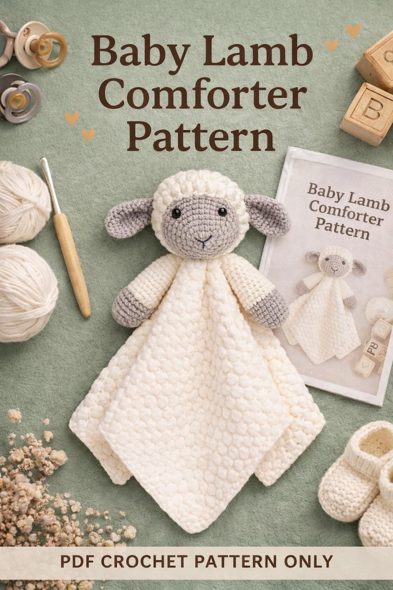 Handmade Crochet Lamb Lovey Baby Security Blanket Soft Sheep Comforter Neutral Baby Gift Newborn Snuggle Toy Nursery Must Have image 1