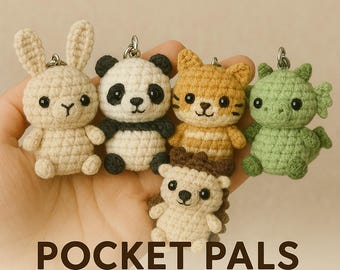 Pocket Pals Amigurumi Crochet Pattern Bundle – 5 Cute Animal Keychains PDF – Bunny, Panda, Cat, Hedgehog, Dragon – Beginner Friendly DIY Gif
