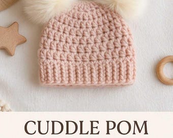 Cuddle Pom Beanie Crochet Pattern PDF – Baby Hat with Double Pom Poms | Newborn – 12 Months | Beginner Friendly