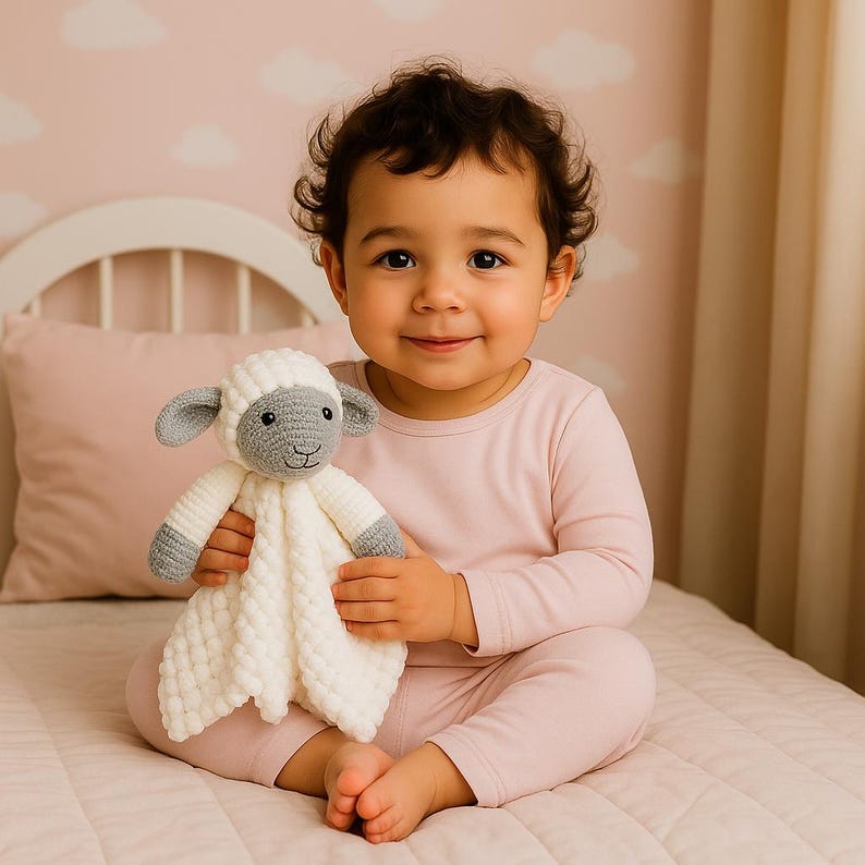 May include: A crocheted lamb security blanket with a white body, gray accents, and a smiling face. The lamb is held by a child wearing a pink outfit, set against a pink and white cloud-patterned background.