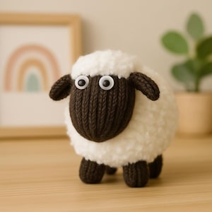 Op de afbeelding: Een bruin en wit gebreid schaap speelgoed met grote witte ogen. Het schaap staat op een houten oppervlak.