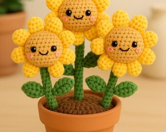 Op de afbeelding: Een handgemaakt gehaakt zonnebloemarrangement in een terracotta pot. De zonnebloemen hebben gele bloemblaadjes, lachende gezichten en groene stelen met bladeren. De pot is gevuld met bruin garen.