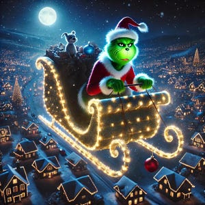 Op de afbeelding: De Grinch, verkleed als Sinterklaas, vliegt in een slee met een hond als passagier over een besneeuwde stad. De slee is versierd met kerstverlichting en een rode kerstbal hangt eronder.