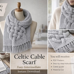 Op de afbeelding: Een grijze Celtic kabel sjaal met een textuur gebreid ontwerp en franjes. De sjaal wordt getoond op een mannequin en gedragen door een persoon. De afbeelding bevat de tekst "KNITTING PATTERN PDF" en "Celtic Cable Scarf".