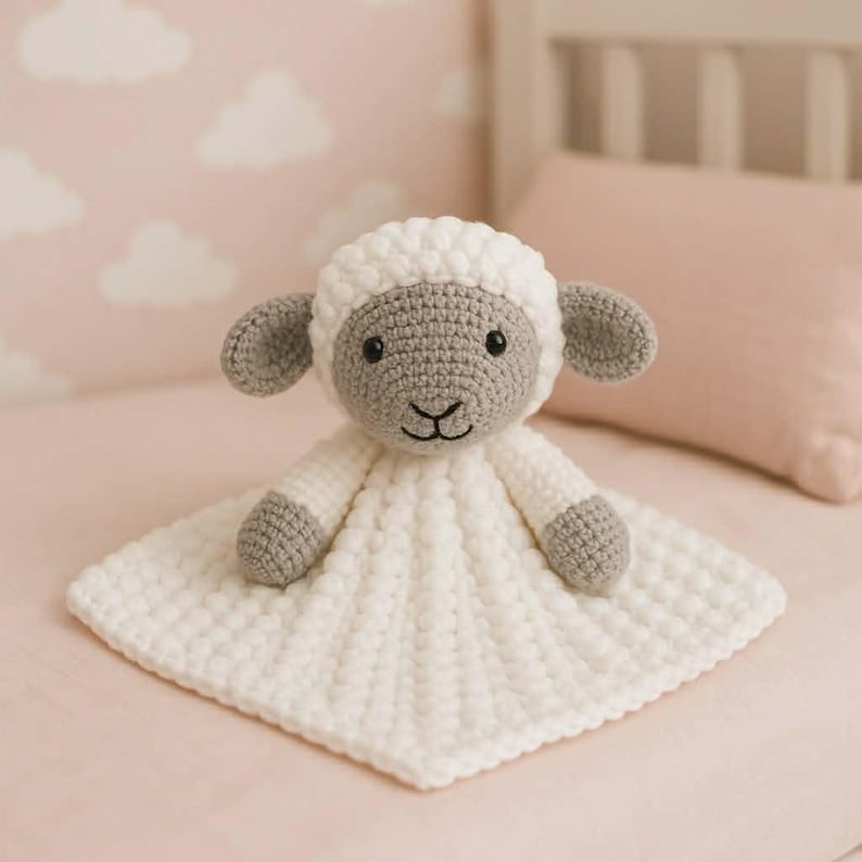 May include: A handmade crochet lamb security blanket. The lamb has a white head with gray ears and a gray face. The body is white and attached to a square blanket. The blanket is white and has a textured pattern. The background is a soft pink.