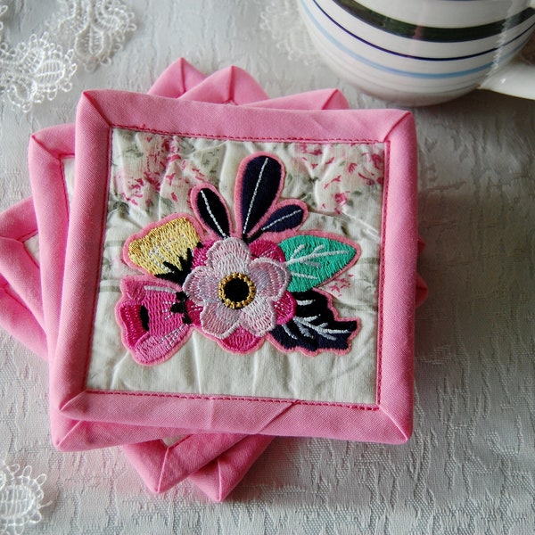 Set of 4 Coaster Quilted Applique Mug Rug Upcycled Floral Quilt LIMITED EDITION