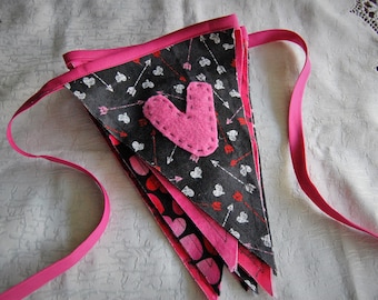 VALENTINE Heart Fabric Banner Bunting Banner Bunting Simple Shabby Chic Rustic Decor w/ Letters