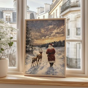 Vintage Santa and Reindeer Wall Art, Cozy Christmas Oil Painting Print, Nostalgic Holiday Wall Art, Rustic Snowy Landscape Digital Download