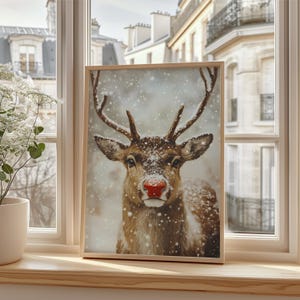Christmas Reindeer Wall Art, Snowy Winter Printable Decor, Rustic Christmas Holiday Digital Download, Farmhouse Reindeer Oil painting Art