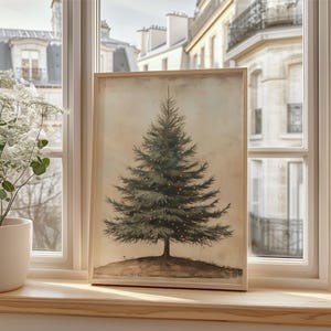Vintage Christmas Tree Wall Art, Christmas Decor Printable Wall Art, Oil Painting, Evergreen Tree Painting, Moody Antique Natural Winter