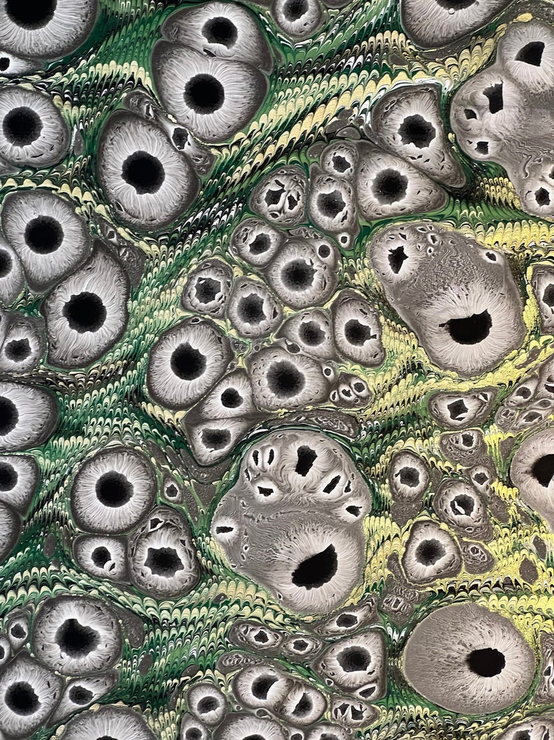 May include: Close-up view of an abstract painting featuring a swirling pattern of dark green, light green, and beige.  Numerous dark gray, almost black, circular shapes with lighter gray centers are dispersed throughout the painting, resembling eyes or cells. The texture appears fluid and organic, created with a marbling or pouring technique. The color palette is predominantly cool-toned, with the greens dominating the background and the gray shapes providing contrast. The overall effect is visually captivating and intricate.