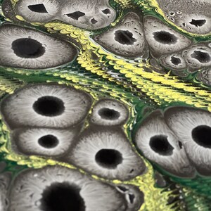 May include: Close-up view of fluid acrylic pour painting. The artwork features a mesmerizing pattern of dark gray and black circular shapes resembling eyes, set against a backdrop of swirling green and gold. The gray shapes have a textured, almost organic appearance, with subtle variations in tone and shading. The green and gold background creates a dynamic contrast, enhancing the overall visual impact of the piece. The colors are rich and vibrant, and the texture is smooth yet dynamic, giving the painting a three-dimensional quality. The image showcases the unique characteristics of fluid acrylic pouring, highlighting the unpredictable yet beautiful results of this technique.