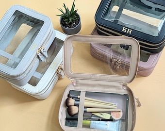 Personalized Clear Makeup Bag: Saffiano Leather Cosmetic Travel Case