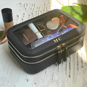 Personalized Clear Makeup Bag: Vegan Leather Travel Toiletry Case