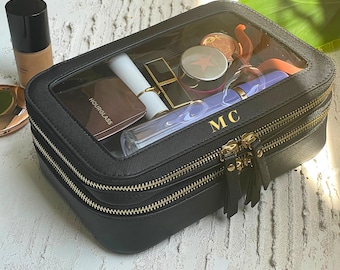Personalized Clear Makeup Bag: Vegan Leather Travel Toiletry Case
