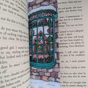 Peut inclure: Une illustration colorée d'un magasin appelé "Honey Dukes" avec une vitrine de bonbons. Le magasin est en pierre et a une auvent vert. La vitrine est en verre et a un cadre en bois. Les bonbons sont disposés dans une variété de couleurs et de formes. L'illustration est dans un style cartoon.
