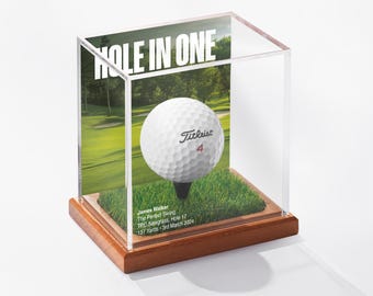 Hole in One Golf Ball Display Case with Printed UV Background | Handcrafted in the UK | Personalized and Engraved | Father&#39;s Day Golf Gift