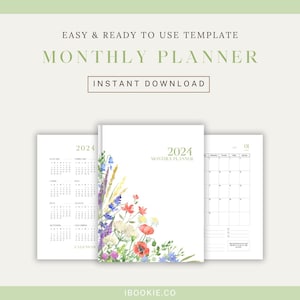 Pode incluir: Um planejador mensal imprimível de 2024 com um design floral. O planejador inclui um calendário anual completo e uma página de calendário mensal para cada mês. O design floral apresenta uma variedade de flores em tons de azul, roxo, rosa, vermelho e amarelo.