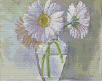 Pearl White Gerbera Daisy Flower Counted Cross Stitch Pattern