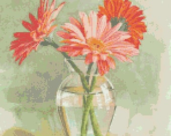 Tangerine Gerbera Daisy Flower Counted Cross Stitch Pattern