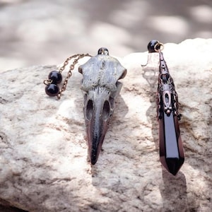 May include: Two pendants, one with a detailed, gray, bird skull and the other with a black, faceted crystal, both with ornate metal accents.