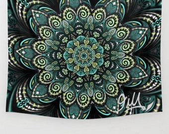 Wall Tapestry | Black and Green Mandala Design Wall Hanging | Picnic Ground Cover | Beach Sheet | Stage Backdrop | Bohemian Decor | 3 Sizes