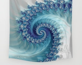 Large Wave Tapestry Blue and White Geometric Pattern Fractal Wave Design Surf Wall Hanging Trippy Psychedelic Mathematic Art  3 Sizes