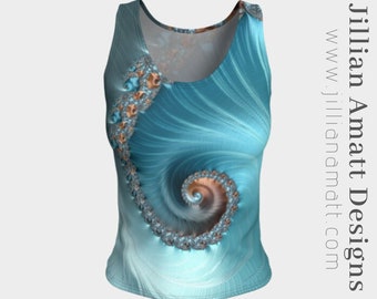 Women's Fitted Tank Top | Blue Teal Taupe | Wide Straps Tank Top | Golden Spiral Design | Yoga Top | Geometric Pattern | Long or Short Style