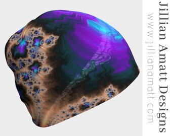Berretto Slouch / Blu brillante e viola / Berretto frattale / Geometria sacra / Cappello geometrico per festival o rave / Berretto invernale / Fodera in bambù
