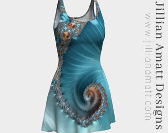 Fit and Flare Dress | Blue Teal Taupe | Geometric Spiral Design | Trippy Dance Dress | Women's Fractal Fashion | Funky Party Dress | 5 Sizes