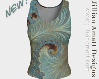 Fitted Tank Top | Teal Shimmer | Geometric Design | Golden Spiral Art | Women's Yoga Tank | Soft Peachskin Fabric | Long or Short Styles